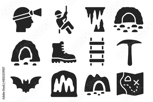 Speleology Icon Set. olid style icons of speleology: caver with helmet, headlamp beam, rope descent, stalactite cluster,