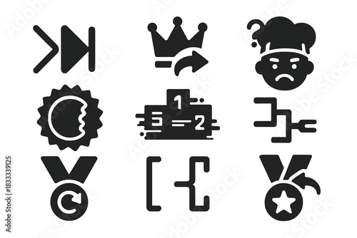 Food Duel Icons. Solid style icons of food competition remixes: challenge vs rewind icon, epic meal reverse logo, leaderboard in