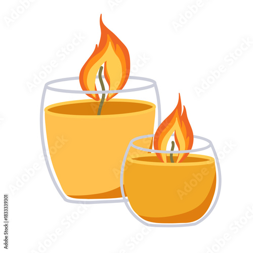 Burning candles in transparent glass isolated on white. Vector hand drawn illustration for home decor, spa designs, stickers and seasonal cozy hygge themes
