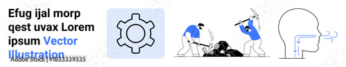 Gear icon, workers breaking rocks with tools, and side profile diagram with airways in blue accents. Ideal for engineering, mining, healthcare, technology, industry, anatomy simple landing page