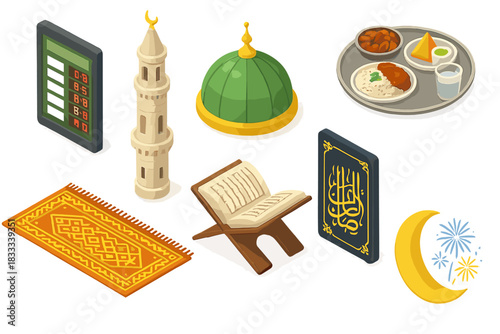 Isometric Islamic Elements. Isometric vector illustration set of Islamic: prayer schedule board, minaret with moon, mosque rooftop