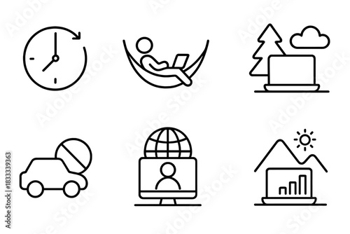 Remote Work Icons. Line style icons of remote work benefits: flexible schedule symbol, working in hammock, nature as office icon,