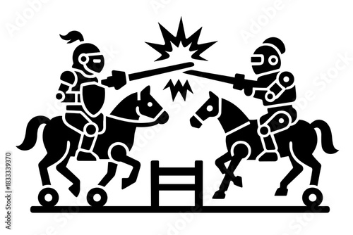 Robot Jousting Duel. Solid style icons of robot jousting: two robots charging with lances, mechanical horse base, impact collision