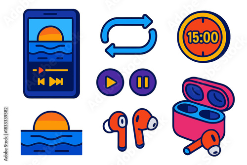 Sound Therapy App. Isometric vector illustration set Sound therapy – smartphone meditation app, earbuds, charging case; play/pause