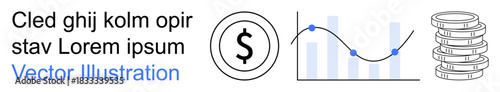 Business analysis, financial growth, investment strategies, economic trends, data visualization, and currency concepts. Dollar sign, graph and stacked coins. Financial growth and investment