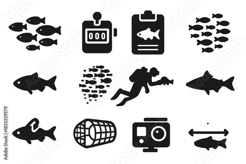 Fish Census Icons. Solid style icons of Fish census: school of fish, tally counter, recording board, shoal pattern, single