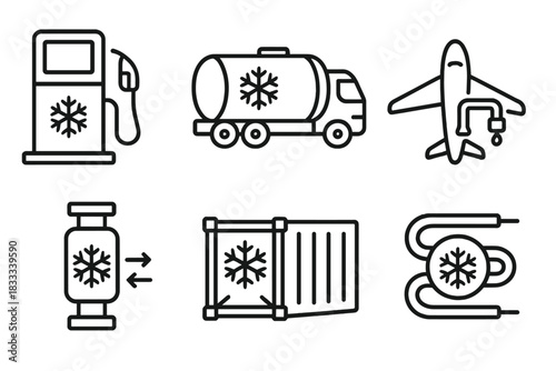 Cryogenic Transportation Icons. Line style icons of cryogenics in transportation: cryo fuel station, cooled vehicle tank, aircraft