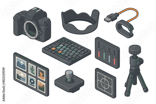 Photography Equipment Isometric. Isometric vector illustration set of Camera and Photography: low-light camera body, light spill