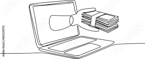 Continuous one line drawing of laptop computer with hand giving piles of money banknotes as business concept of online shopping. Editable stroke. one line Icon drawing
