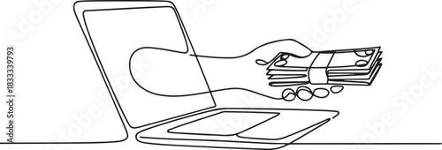 Continuous one line drawing of laptop computer with hand giving piles of money banknotes as business concept of online shopping. Editable stroke. one line Icon drawing