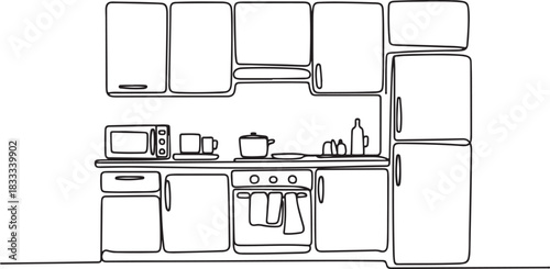 Continuous one line drawing of kitchen interior with home appliances. Kitchen worktop with microwave. one line Icon drawing