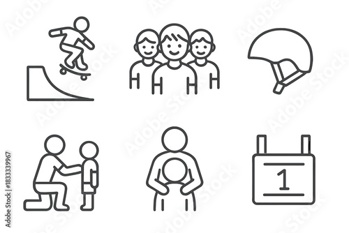 Kids Events Icons. Line style icons of kids and youth events: mini ramp jump, group of juniors, small helmet icon, guided training