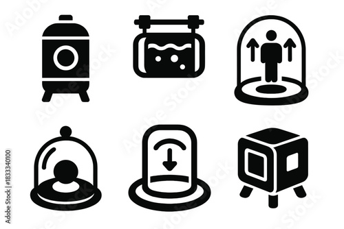 Experiment Chamber Icons. Solid style icons of experiment chambers: cylindrical vacuum pod, suspended observation tank, enclosed