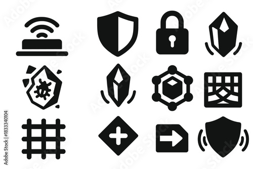 Cyber Defense Icons. Solid style icons of cyber-defense with crystal logic: counterwave emitters, threat block gems, encryption