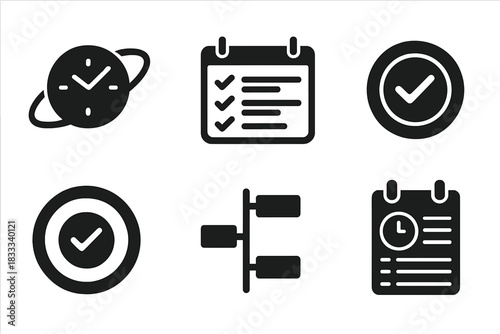Planning Icons Collection. Solid style icons of daily activity planners: orbit clock glyph, digital schedule icon, routine badge.