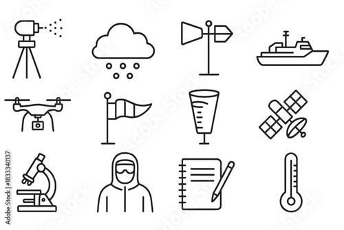Climate Intervention Icons. Line style icons of Climate Intervention Testing: Aerosol Disperser, Cloud Formation, Reflectivity