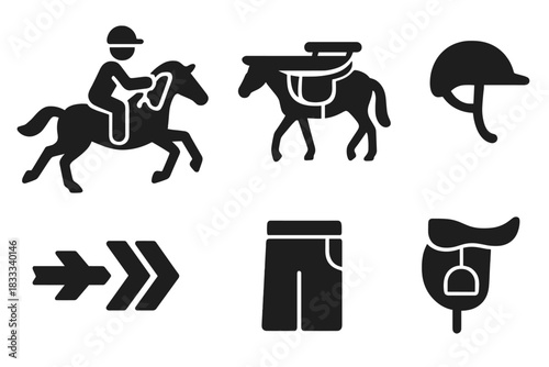 Extreme Ironing Icons. Line style icons of Extreme Ironing: horse riding ironer, mounted ironing board, riding gear icon, fast