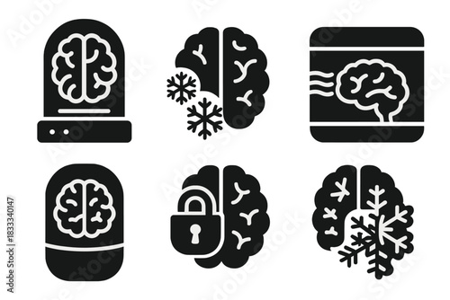 Brain Preservation Icons. Solid style icons of brain preservation: neural cryo-chamber, frosted brain icon, memory stasis module.