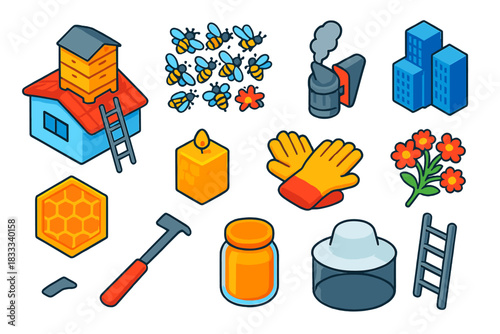 Urban Beekeeping Icons. Isometric vector illustration set Urban Beekeeping: rooftop beehive, bee swarm, smoker canister, skyline