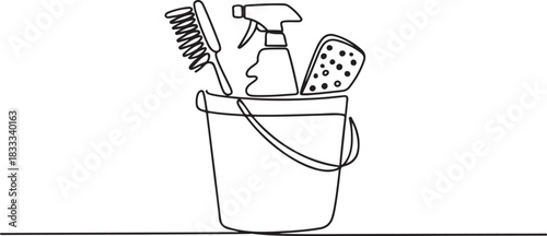 Bucket with cleaning supplies in one continuous line drawing. Cleanup and washing concept in simple linear style. Household and housekeeping symbol in editable stroke. one line Icon drawing