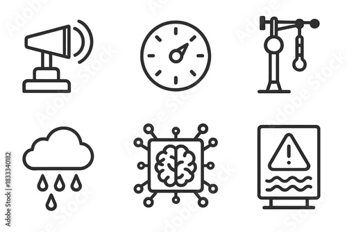 Ship Weather Icons. Line style icons of ship weather systems: storm detection radar, wind vector gauge, temperature sensor on mast