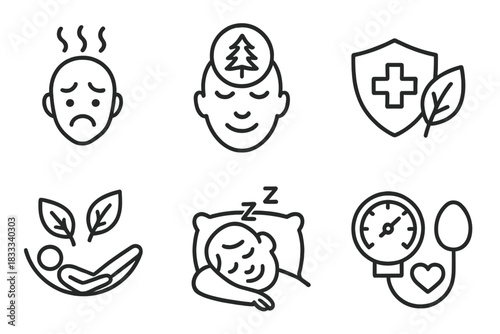 Forest Bathing Icons. Line style icons of forest bathing benefits: reduced stress, calm mind icon, boosted immunity, deep