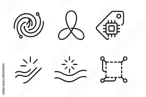 Smart Fabric Icons. Line style icons of smart fabric branding and symbols: fiber-optic swirl, glowing thread loop, microchip tag,