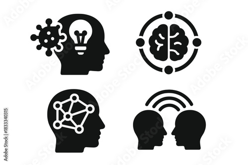 Viral Cognition Icons. Solid style icons of intellectual contagion: contagious idea glyph, mind mesh ring, mental network burst.