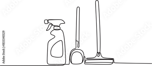 Set of cleaning tools one line continuous drawing. Squeegee cleaning glass, scoop continuous one line illustration. one line Icon drawing
