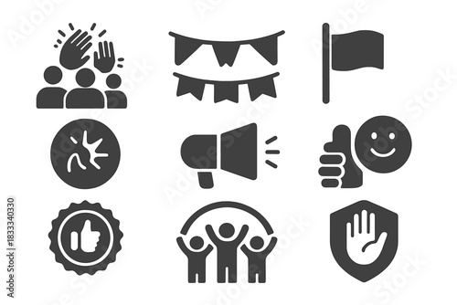 Reversed Cheers Icons. Solid style icons of spectators and cheers: crowd clapping in reverse icon, backward banner badge, flipped
