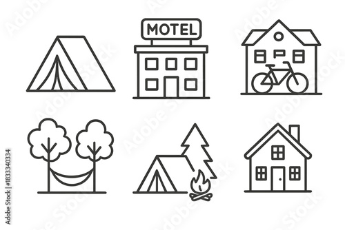 Sleep and Shelter Icons. Line style icons of sleep and shelter options: camping tent icon, roadside motel, cycling hostel, hammock