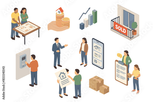 Real Estate Isometric Set. Isometric vector illustration set of Real Estate: couple choosing furniture layout, home financing
