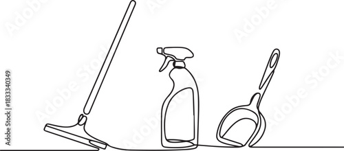 Set of cleaning tools one line continuous drawing. Squeegee cleaning glass, scoop continuous one line illustration. one line Icon drawing