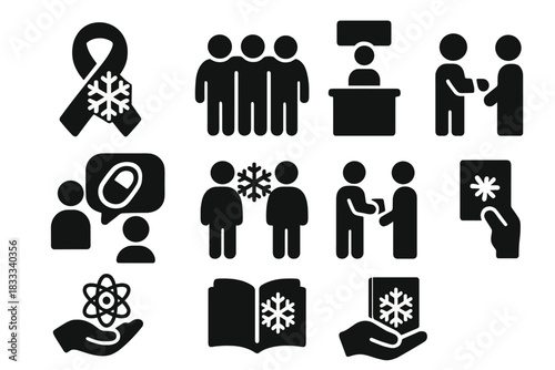 Cryonics Advocacy Icons. Solid style icons of cryonics advocacy: awareness ribbon with snowflake, community support icon, public