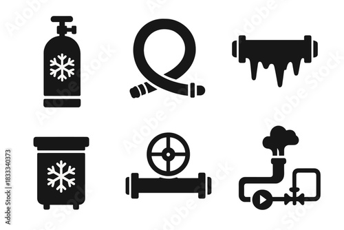 Cryogenic Fluid Icons. Solid style icons of cryogenic fluid systems: nitrogen tank icon, coolant hose loop, frosty pipe symbols.