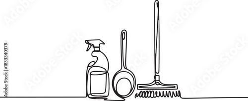 Set of cleaning tools one line continuous drawing. Squeegee cleaning glass, scoop continuous one line illustration. one line Icon drawing