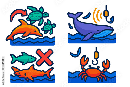 Marine Life Behavioral Impact. Isometric vector illustration set Behavioral Impact on Marine Life: Migration disruption path,