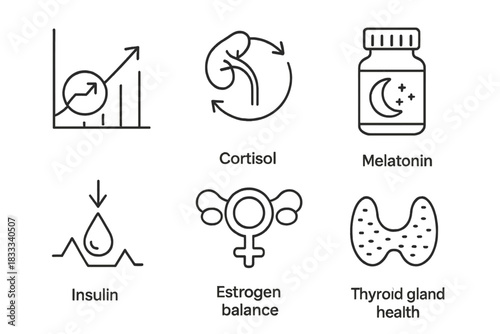 Hormonal Biohacking Icons. Line style icons of hormonal biohacking: testosterone level chart, cortisol regulation, melatonin