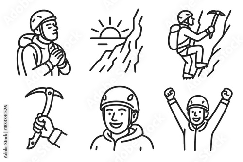 Ice Climbing Moments. Line style icons of personal moments on ice: climber taking deep breath, sunrise from ice face, solo on