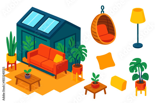 Vibrant Garden Sunroom. Isometric vector illustration set Interior layout – garden sunroom sofa, hanging chair, coffee table;