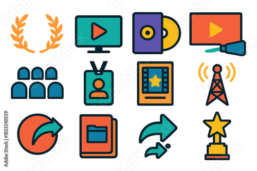 Documentary Distribution Icons. Flat vector icons of documentary distribution: film festival laurel, streaming platform, DVD case,