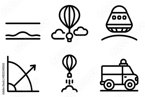 High-Altitude Ballooning Icons. Line style icons of High-Altitude Ballooning: thin atmosphere layer, high cloud view, low orbit