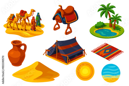 Classic Desert Icons. Isometric vector illustration set Classic literature – desert caravan, camel saddle, oasis palm; clay water