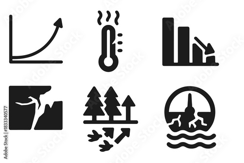 Collapse Indicator Icons. Solid style icons of collapse indicators: tipping point graphs, overheating icons, broken thermometers.