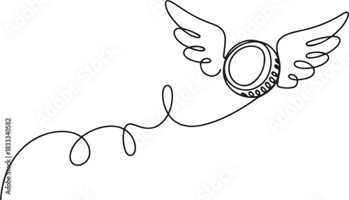 Hand drawn one line vector. Continuous line drawing of coin with wings. Flying money. Economy, finance, money pictogram. Wealth symbol. one line Icon drawing