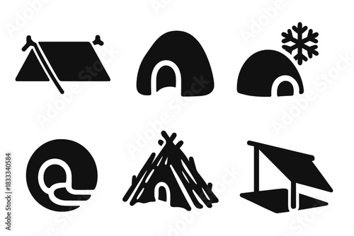 Improvised Shelter Icons. Solid style icons of improvised shelter making: tarp + rope icon, cave glyph, snow shelter badge.