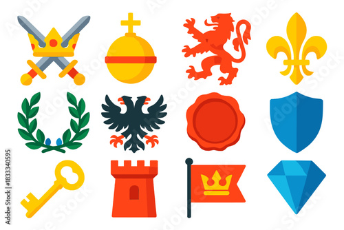 Royal Symbol Icons. Flat vector icons of Royal Symbols: sword and crown crossed, orb with cross, heraldic lion, fleur-de-lis,
