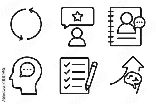 Feedback and Reflection Icons. Line style icons of feedback and reflection: feedback loop symbol, mentor comment box, student