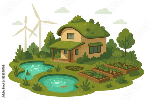 Sustainable Eco-Homestead. Future eco-homestead with windmills spinning, ponds glowing with life, and gardens feeding all
