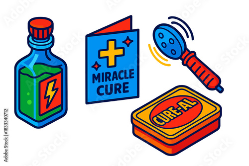 Quack Medicine Showcase. Isometric vector illustration set Quack Medicine Showcase: Bottled elixir with lightning label, miracle